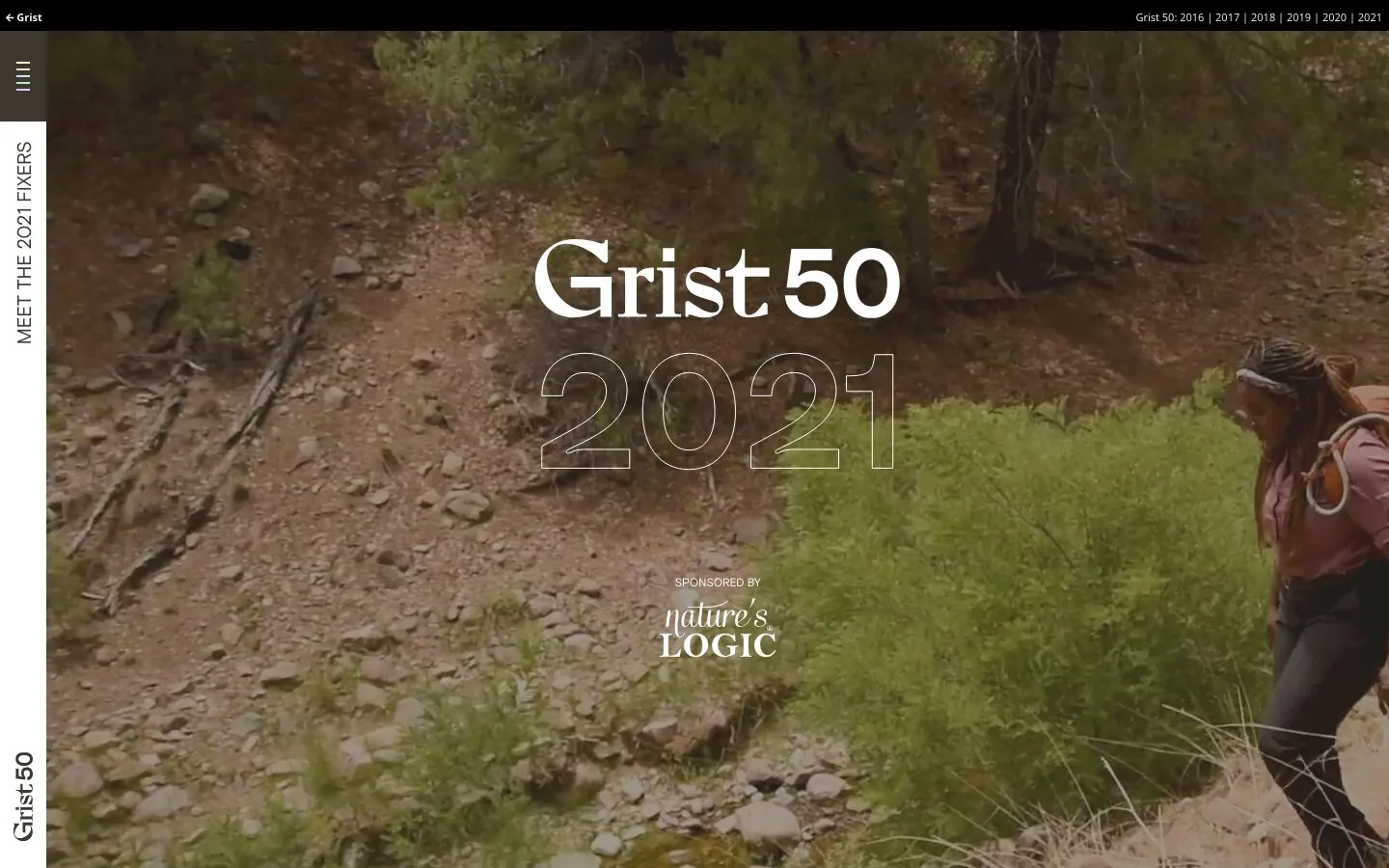 Grist 50 2021: the title over video of a hiker in the desert.