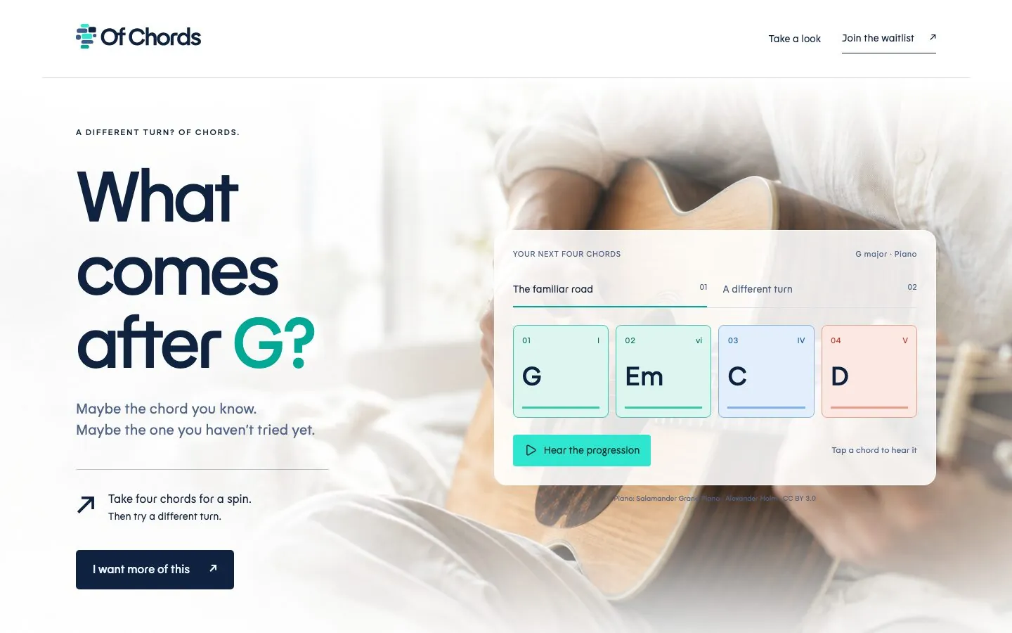The Of Chords website: “What comes after G?” with a four-chord progression.